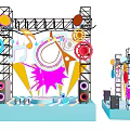 Colorful Stage Setup With Metal Frame Gears Music Notes Speakers And Lighting Equipment