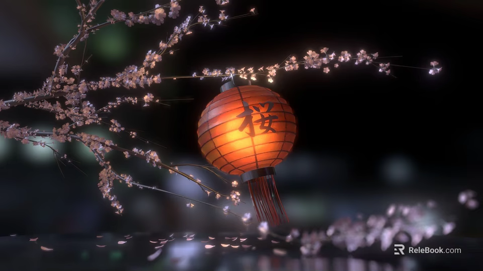 Festive Chinese Lantern With Cherry Blossom Branches For Home Decoration Lighting 3d model 