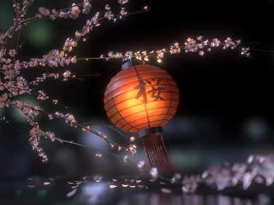 Festive Chinese Lantern With Cherry Blossom Branches For Home Decoration Lighting 3d model
