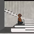 Modern Gray Staircase With Illuminated Steps And Leather Armchair Interior Design