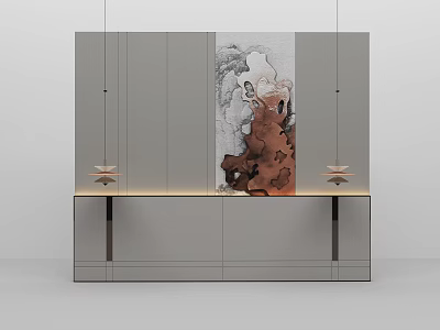 Modern Feature Wall With Gray Cabinets Decorative Painting And Pendant Lights 3d model