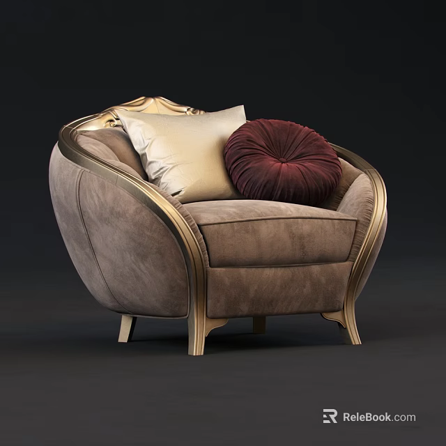 Luxurious Single Sofa With Gold Trim And Maroon Velvet Pillow 3d model 