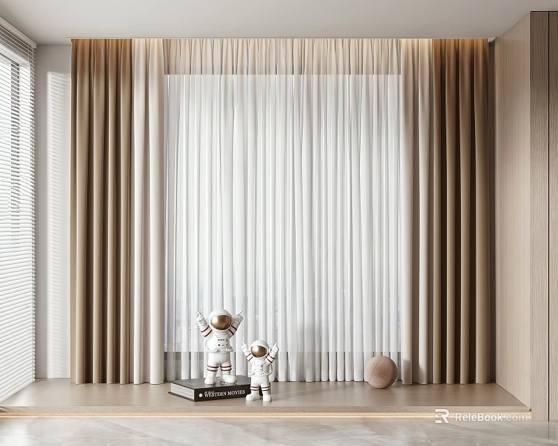 Modern Beige And White Curtains With Sheer Linen Panels And Window Sill Decorations 3d model 