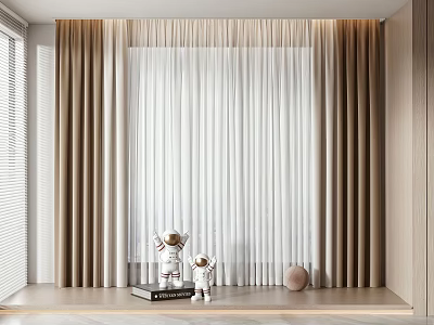 Modern Beige And White Curtains With Sheer Linen Panels And Window Sill Decorations 3d model