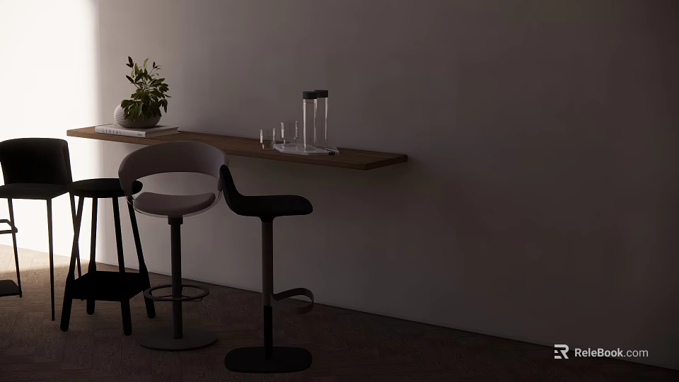 Modern Bar Stools By Wooden Counter With Plant And Glassware On Light Wall Background 3d model 