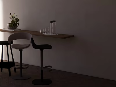 Modern Bar Stools By Wooden Counter With Plant And Glassware On Light Wall Background 3d model