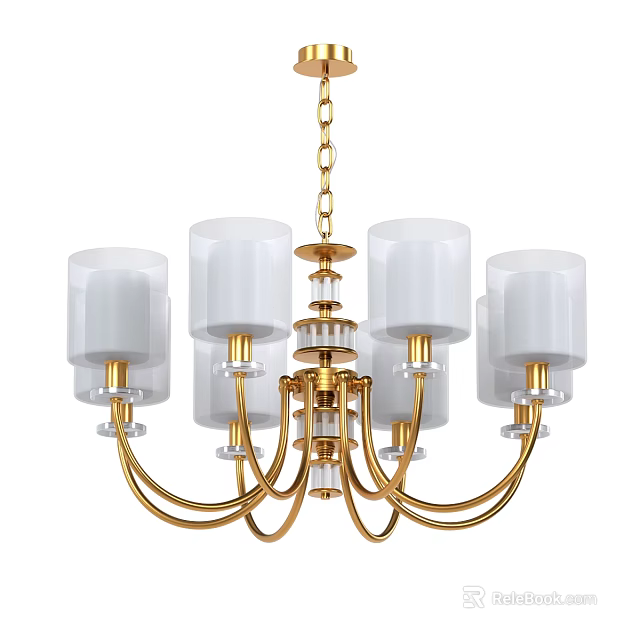 Elegant Modern Chandelier With Golden Frame White Glass Shades And Crystal Accents 3d model 