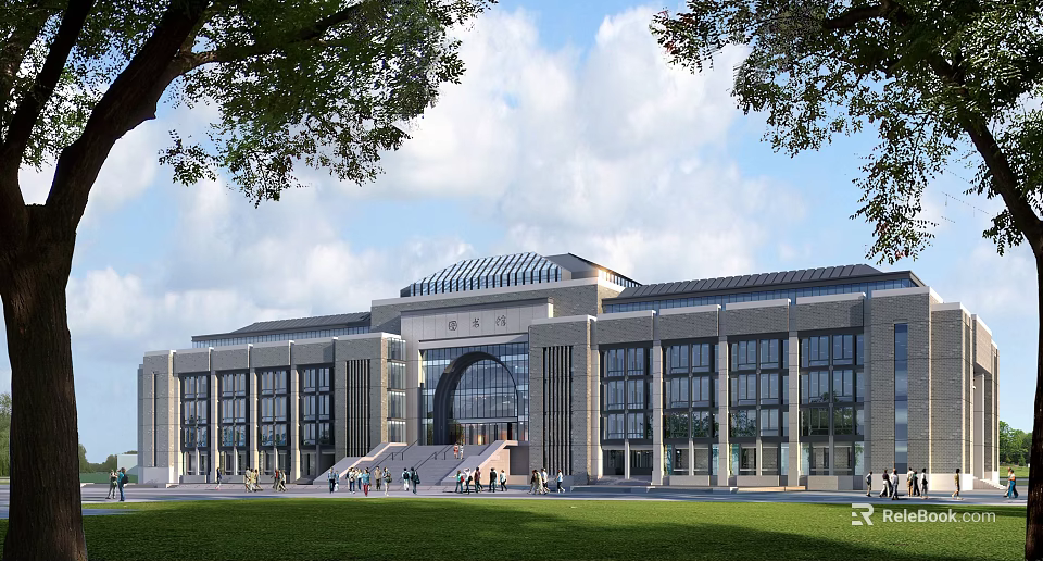 Traditional Chinese-style School Building with Arched Entrance Sloped Roof and Green Lawn 3d model 