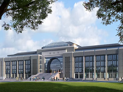 Traditional Chinese-style School Building with Arched Entrance Sloped Roof and Green Lawn 3d model