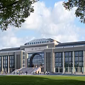 Traditional Chinese-style School Building with Arched Entrance Sloped Roof and Green Lawn