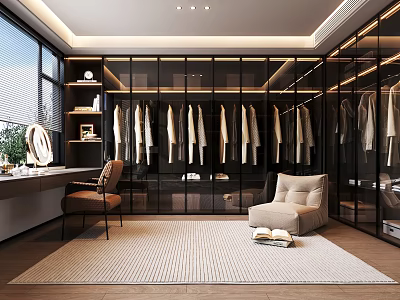 Modern Closet Interior With Glass Doors Hanging Clothes Dressing Table And Armchair 3d model