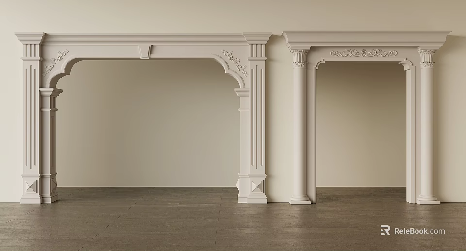 White Door Arches With Carved Details Against Light Walls And Dark Floors 3d model 