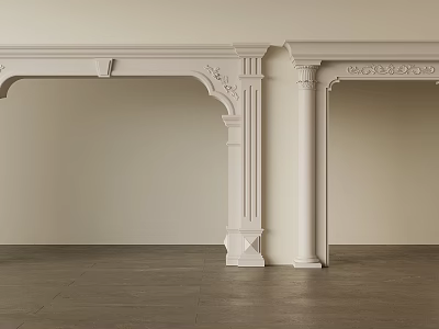 White Door Arches With Carved Details Against Light Walls And Dark Floors 3d model