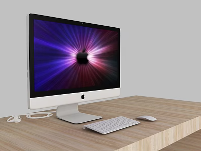 Modern Apple iMac Desktop Computer With Wooden Desk Keyboard Mouse And Vibrant 3d model