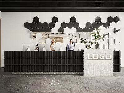 Contemporary Reception Area Featuring Hexagonal Wall Design Staff Computers Logo And Potted Plant 3d model