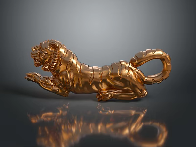 Artistic Wooden Stone Tiger Sculpture Featuring Intricate Details and Shiny Golden Surface 3d model