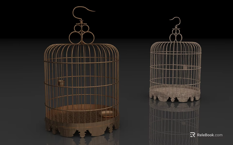 Brown And White Wrought Iron Bird Cages With Hanging Hooks And Decorative Bases 3d model 