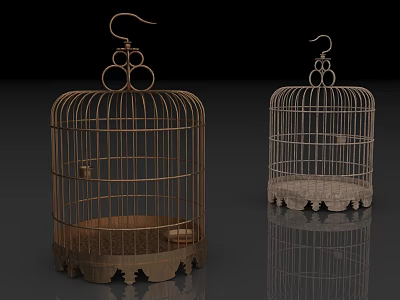 Brown And White Wrought Iron Bird Cages With Hanging Hooks And Decorative Bases 3d model