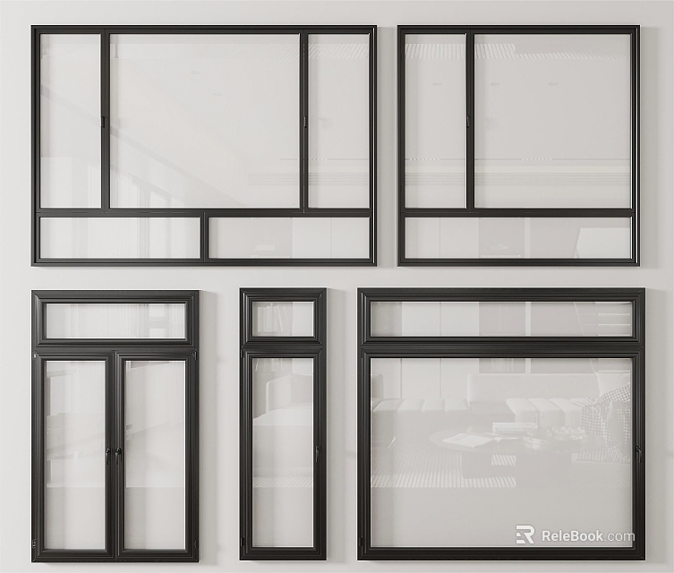 Modern Floor To Ceiling Windows With Black Frame And Multiple Design Styles 3d model 
