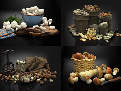 Fresh Vegetable Still Life Featuring Various Mushrooms Displayed in Baskets and Bowls 3d model