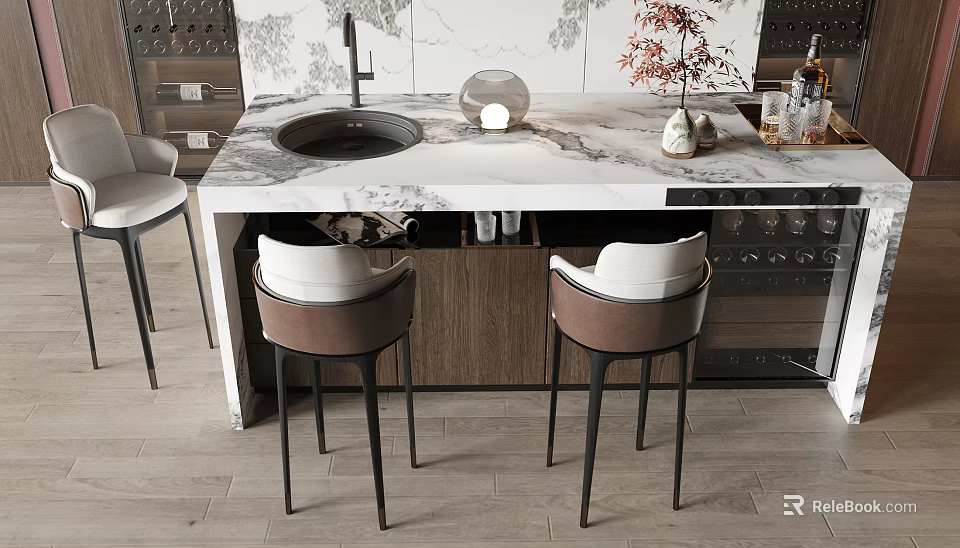 Modern Bar Counter with Marble Top Bar Stools Wine Storage and Decorative Plant Vase 3d model 