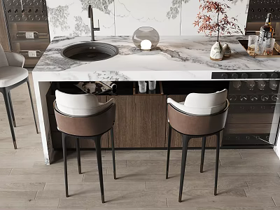 Modern Bar Counter with Marble Top Bar Stools Wine Storage and Decorative Plant Vase 3d model