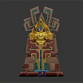 Ancient Decorative Statue With Golden Mask Geometric Structure And Blue Green Accents On Pedestal
