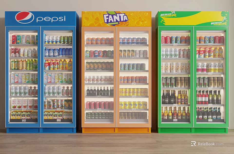 Colorful Pepsi Fanta Beverage Refrigerators Filled With Various Drinks For 3d model 