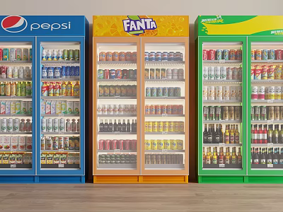Colorful Pepsi Fanta Beverage Refrigerators Filled With Various Drinks For 3d model