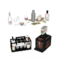 Stylish Wine Bottles And Glasses With Cocktail Shaker And Bar Tools Set