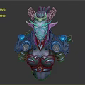 Fantasy Character Bust with Purple Skin Blue Markings Green Horns Pointed Ears and Shoulder Armor