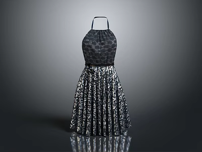Stylish Halter Neck Black Dress With Fitted Patterned Bodice And Pleated Skirt Design 3d model