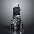 Stylish Halter Neck Black Dress With Fitted Patterned Bodice And Pleated Skirt Design