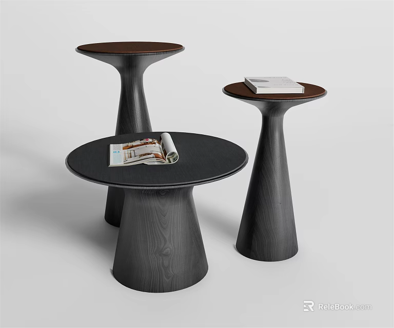 Modern Wooden Side Tables With Dark Conical Base And Stacked Magazines 3d model 