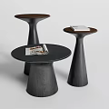 Modern Wooden Side Tables With Dark Conical Base And Stacked Magazines