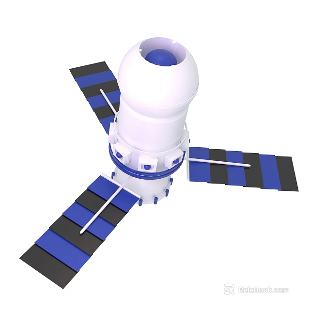 Satellite Structure With White Body Blue Spherical Top And Blue Black Solar Panels 3d model 