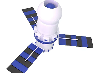 Satellite Structure With White Body Blue Spherical Top And Blue Black Solar Panels 3d model