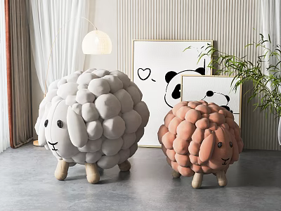 Cute Sheep Shaped Sofa Stools Gray Pink Plush with Wooden Legs for Living Room Decor 3d model
