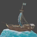 Pirate Ship With Blue Sail Skull and Crossbones Flag Wooden Hull on Waves
