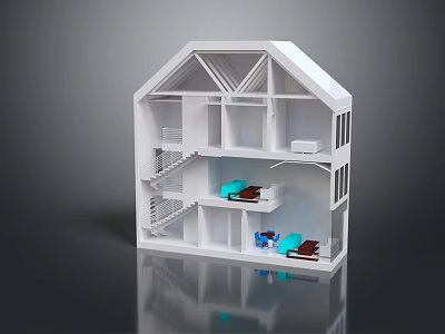 Cartoon Style House Cross Section Model With Interior Rooms Staircase And Blue Brown Furniture 3d model