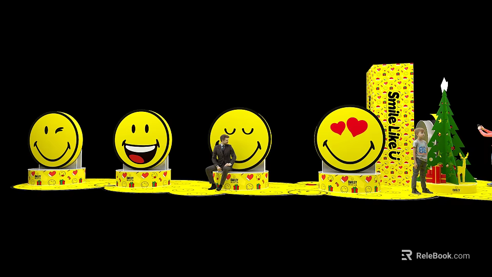 Large Yellow Smiley Face Display Installation With Various Expressions And Smile Like U Text 3d model 