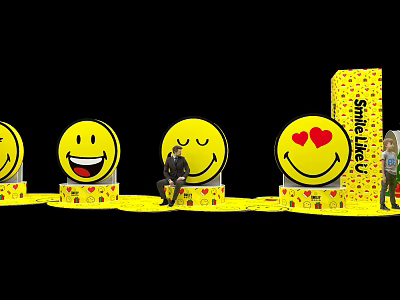 Large Yellow Smiley Face Display Installation With Various Expressions And Smile Like U Text 3d model