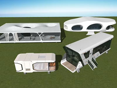 Space Capsule Modern Design Series With White Exterior Transparent Windows On Green Grass 3d model