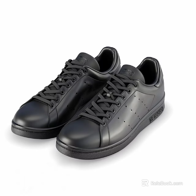 Black Leather Lace Up Sneakers With Perforated Details And Rubber Sole 3d model 