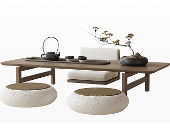 Tatami Tea Table and Chair Jewelry Ornaments Bonsai Tea Set Leisure Chair 3d model