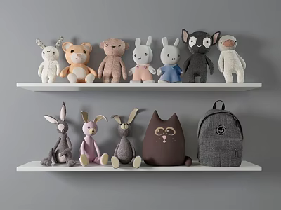 Cute Plush Toys With Various Animal Designs Arranged On White Shelves 3d model
