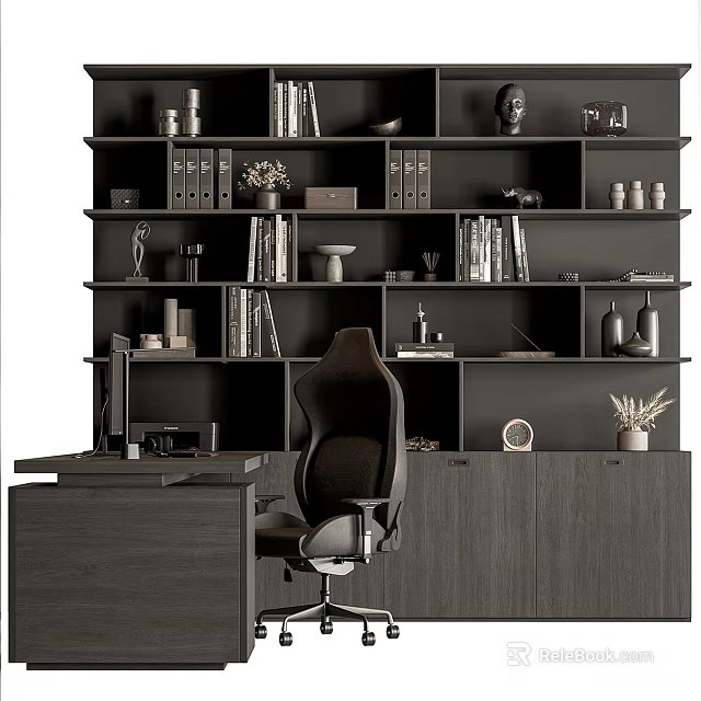 Modern Office Desk Setup With Ergonomic Chair Built In Bookshelf Books And Decorations 3d model 