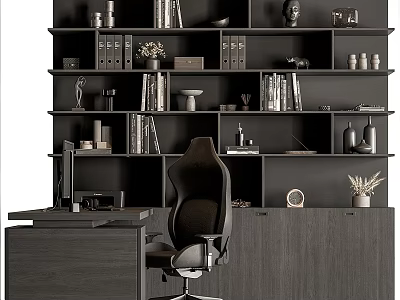 Modern Office Desk Setup With Ergonomic Chair Built In Bookshelf Books And Decorations 3d model
