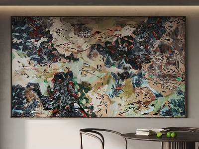 Abstract Painting On Wall In Modern Interior With Table Chair Books And Fruits 3d model