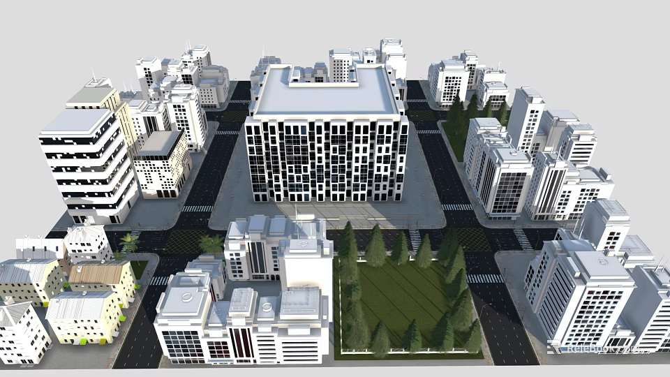 Modern Urban Building Layout With High Rise Structures Green Spaces And Road Networks 3d model 